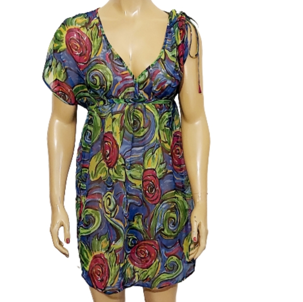 Semi Sheer Floral Print VNeck Swim Cover